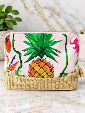 Estee Lauder Pink Tropical Pineapple Cosmetic Makeup Bag Woven Raffia Bottom NEW